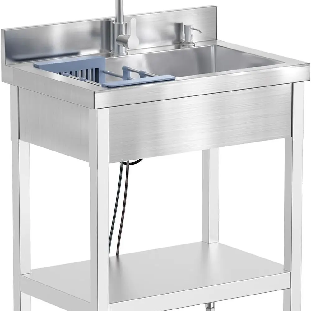 

27inch Stainless Steel Utility Sink, Commercial Kitchen Single Bowl Sink with Cold and Hot Water Faucet,Hoses and Drain Kit,Comp