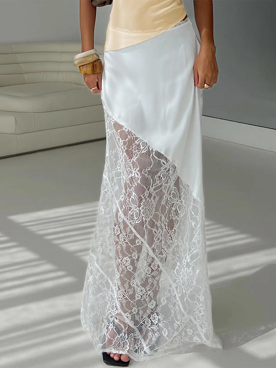 Women Sheer Lace Patchwork Skirt Sexy High Waist See Through Straight Long Skirts Y2K Stain Mesh Beach Vocation Cover-ups