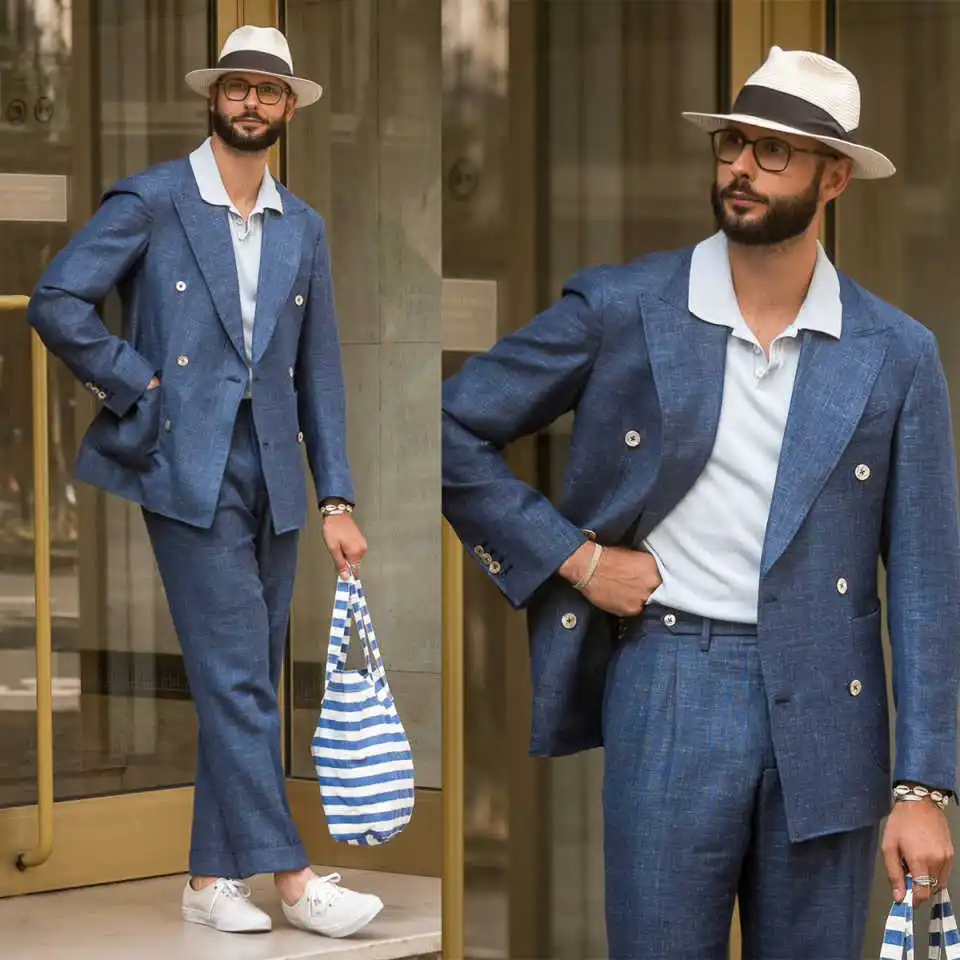 

Vintage Man Tuxedos Slim Fit 2 Pcs Jacket Pants Wedding Suit Handsome Peaked Lapel Double Breasted Groom Wear Customized