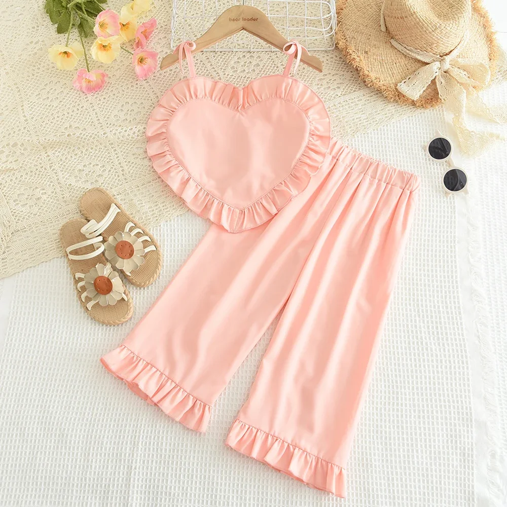 3-7 Year Old Children's Clothing Series Pink Three-dimensional Heart Top and Lotus Leaf Side Length Pants Two-piece Boutique Set