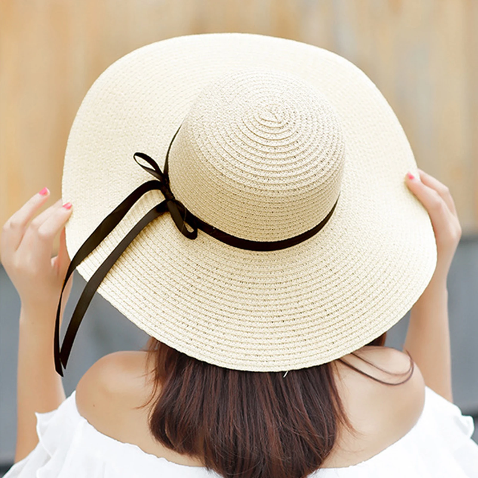 

Women's French Retro Straw Sun Hat with Bow Detail - Style Elegant Wide Brim + Sun Protection for Beach Vacation Floppy Sunhat ﻿
