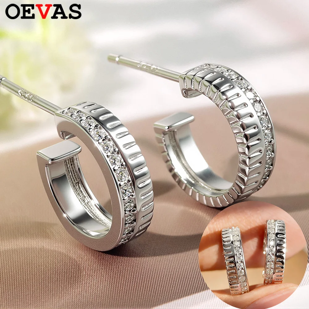 

OEVAS Full Moissanite Hoop Earrings For Women Men 100% 925 Silver D Color Lab Diamond C-shaped Ear Stud Sparkling Jewelry Gift