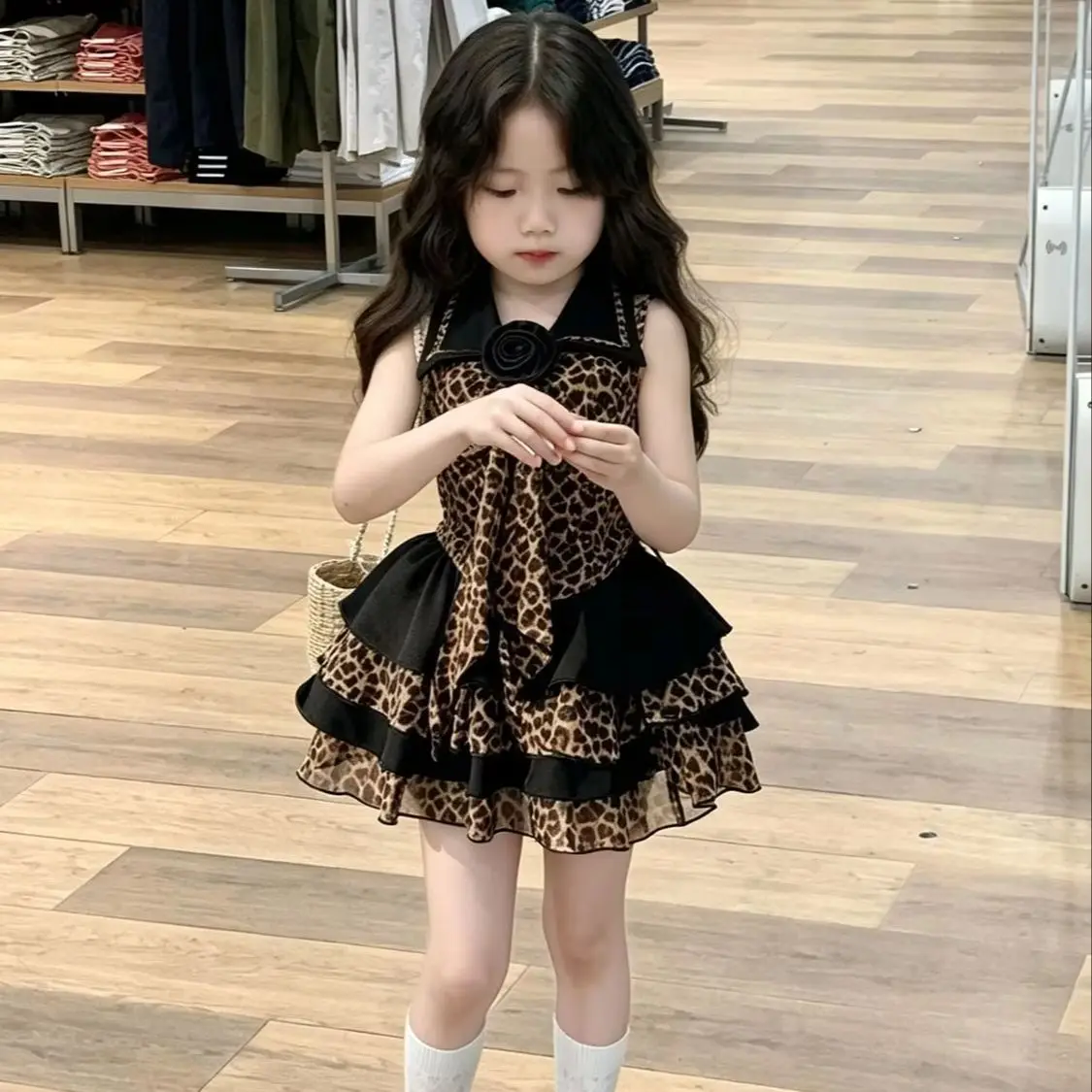 Girls Summer Dresses New Arrival Leopard Print Sleeveless Cake Dress with Ribbon and 3D Flower Kids Toddler Fashion Clothing