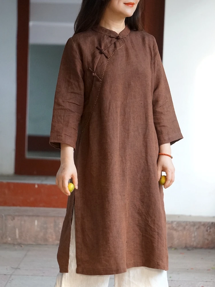 

Длинное китайское платье из льняной ткани с вышивкой и пуговицами, женский осенний модный традиционный костюм