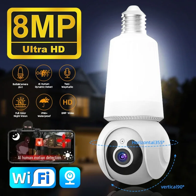 8MP 4K WIFI LED Bulb Smart IP Camera with Lighting HD Night Vision Full Colour AI Tracking Two-way Audio E27Bulb Security Camera