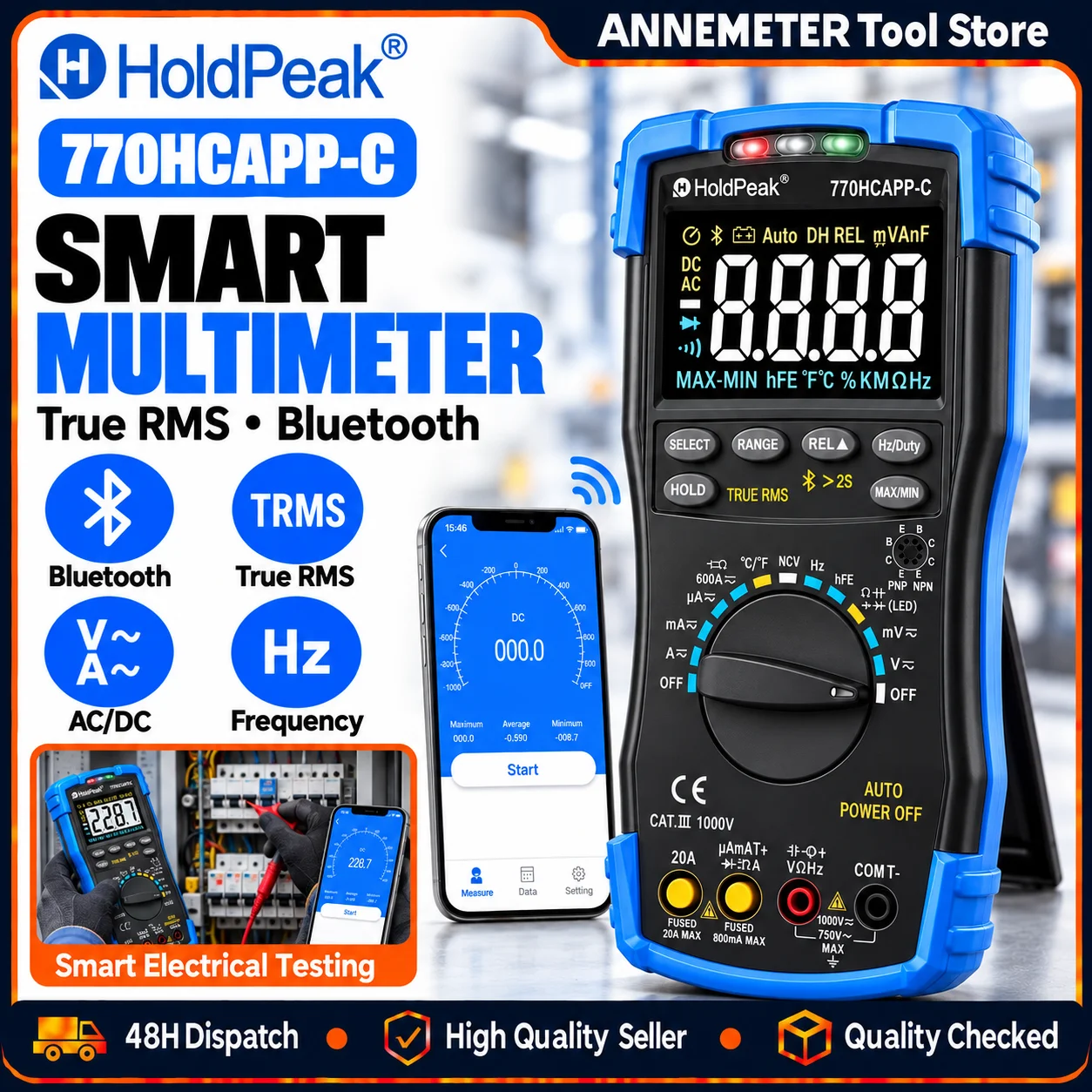 Digital Multimeter 770HC APP 6000 Counts Auto Manual Range NCV Current Resistance Temperature Capacitance Diode HFE Continuity