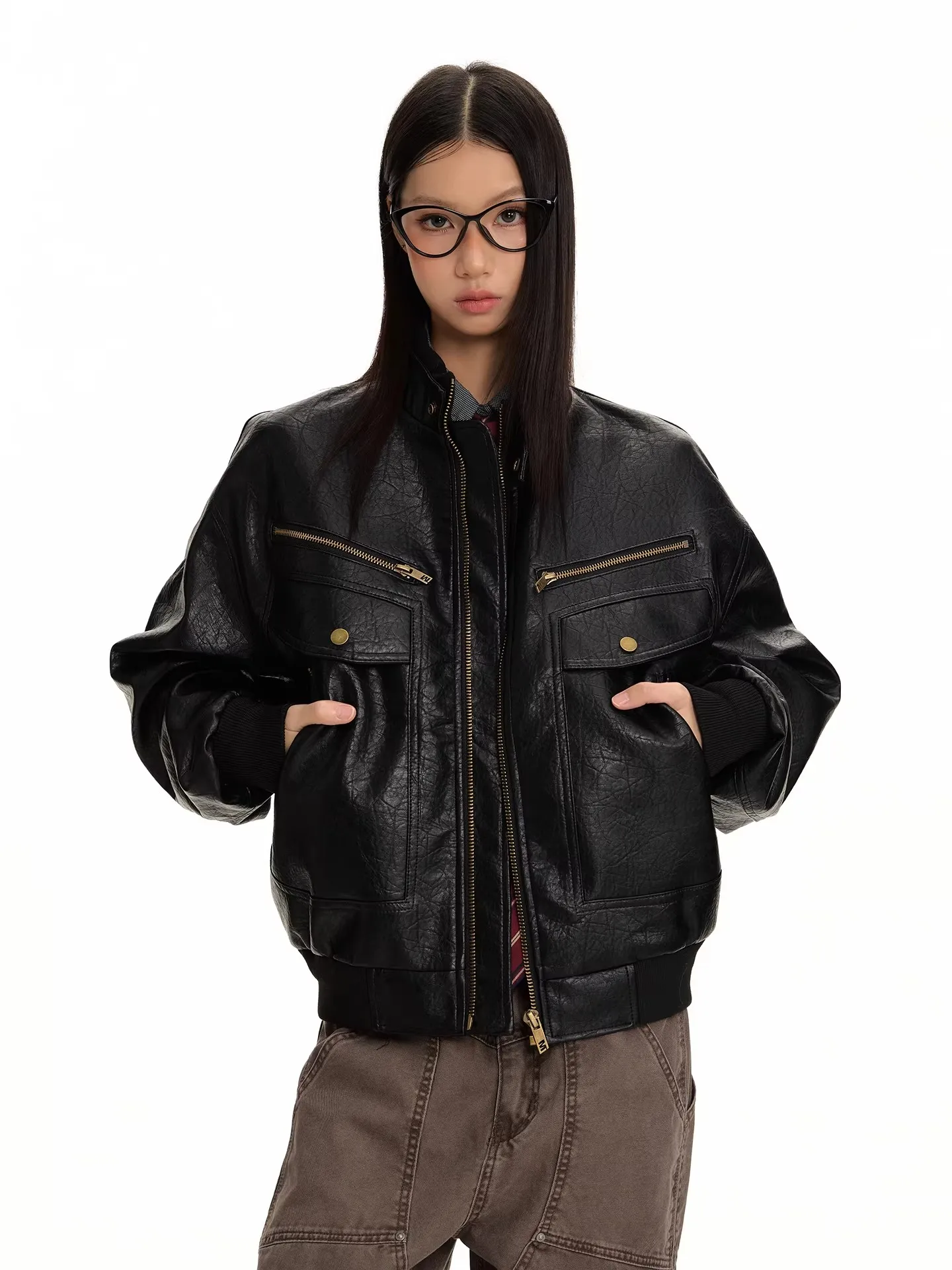 Retro American Leather Jacket Motorcycle Style Casual Outerwear for Men And Women with Multiple Pockets Texture Design