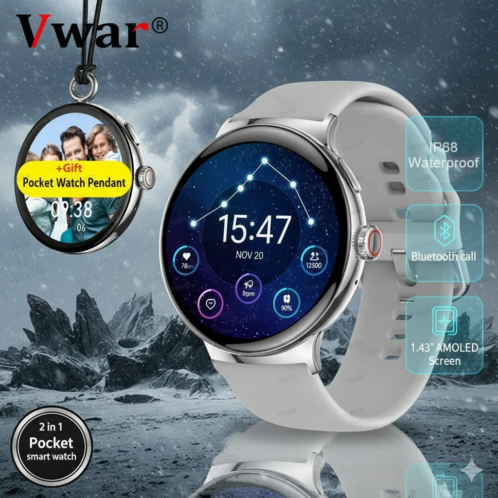 

Карманные часы VWAR и умные часы 2 в 1 для женщин и мужчин Bluetooth-вызов IP68 Водонепроницаемые спортивные умные часы AMOLED 100+ спортивных режимов