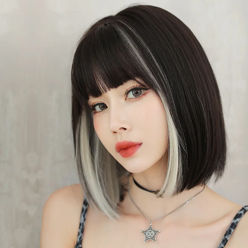 

33CM Wig Women Short Hair Air Bangs Short Straight Hair Bob Head Ear-hanging Dyeing Full Headband Inner Buckle Full Hairnet