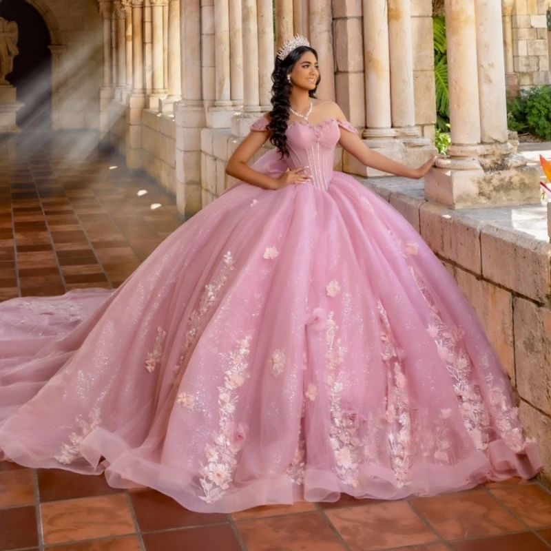 

Pink Shiny Quinceanera Dresses Off The Shoulder Flower Applique Beading Crystal Bow Corset Party Birthday Sweet 16 Dress Vestido