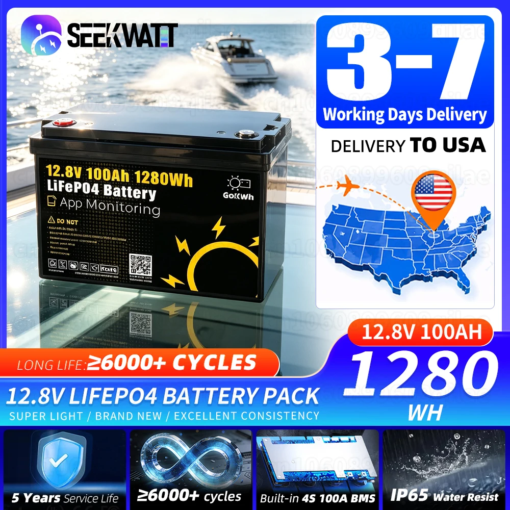 Grade A 12V 100Ah LiFePO4 Battery Pack BT Function 12.8V 1280Wh Lithium Iron Phosphate Rechargeable Cell For 24V 48V RV Golf Cart Solar