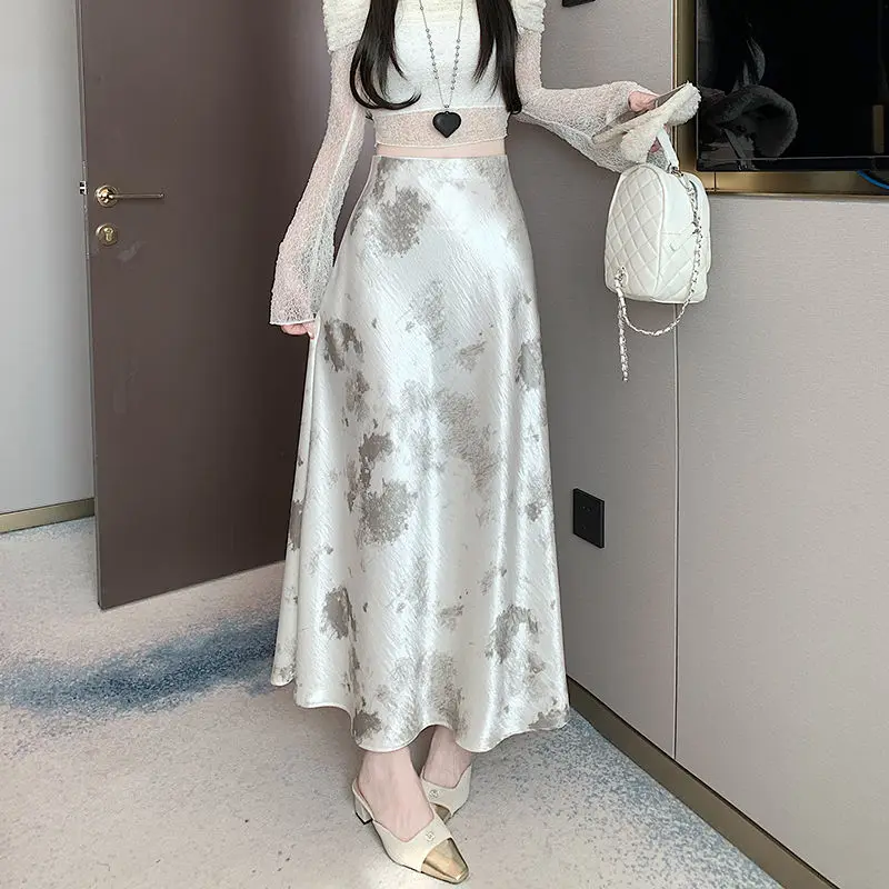 

2025 Spring Summer French Acetate Satin Skirt for Women Ink Print Draped Mermaid Maxi Skirt Slim Fit Elegant High Waist Style