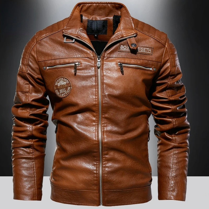 Men Vintage Faux PU Leather Biker Jacket Embroidered Badge Multi Zipper Pocket Fleece Lined Motorcycle Coat 3 Colors