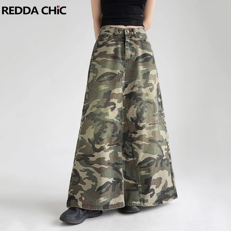 

REDDACHiC Women Distressed Camouflage Denim Midi Skirt Irregular Spliced Slit A-line Long Jeans Skirt Casual Vintage Streetwear