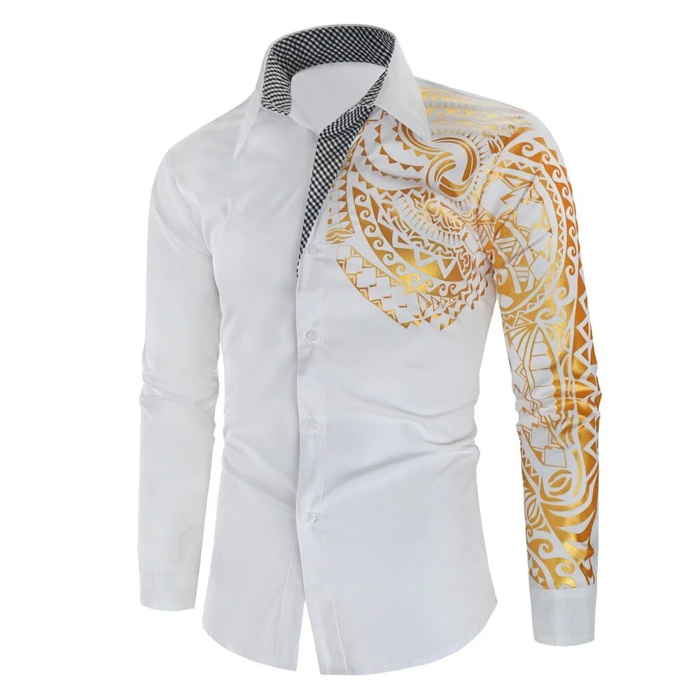 2024 spring and autumn men\'s long-sleeved shirts gold printed lapel long-sleeved tops casual temperament men\'s clothing