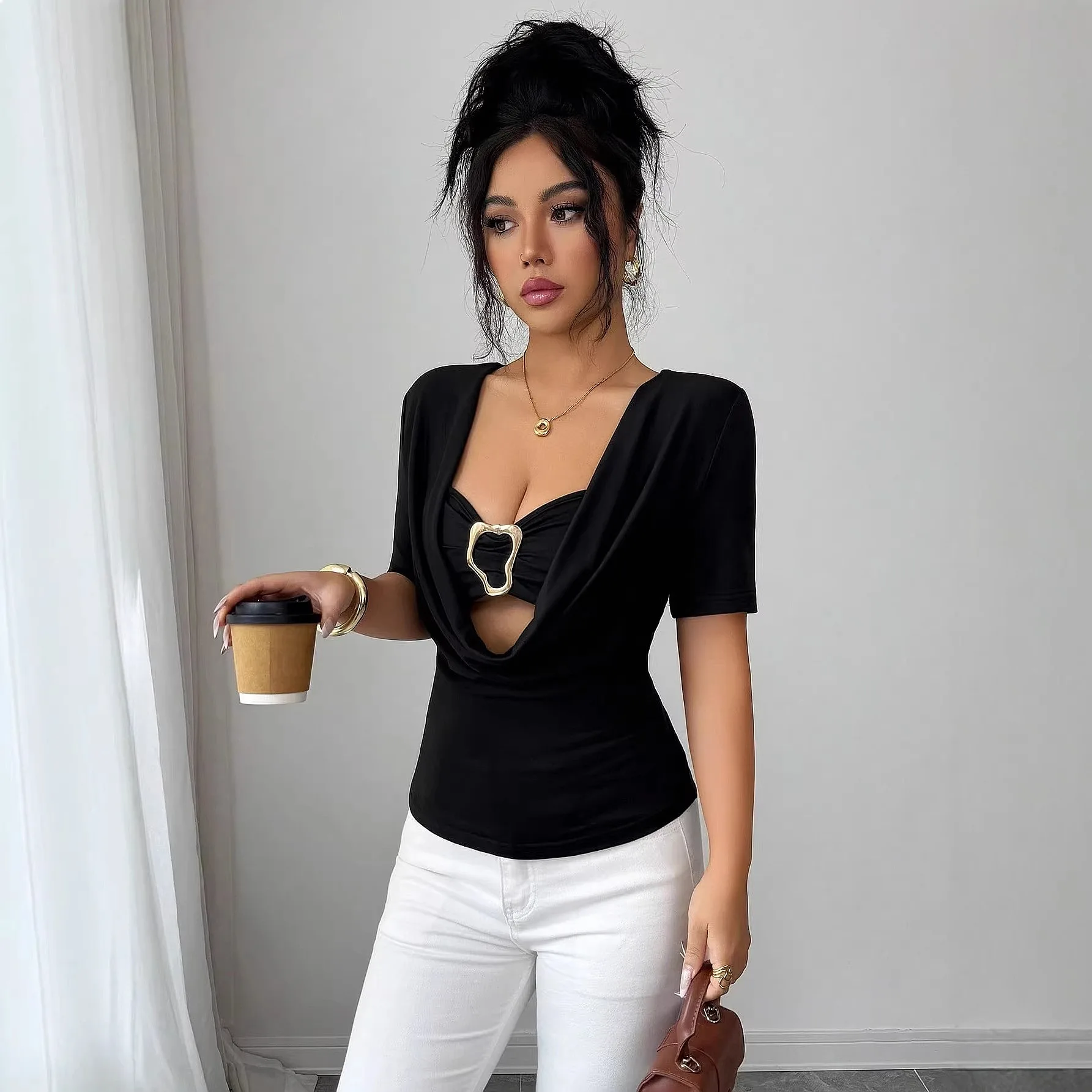 Pure Color Cowl Neck Metal Buckle Faux Two Piece Short Sleeve Top Tee Blouse For Women Summer Matching Set