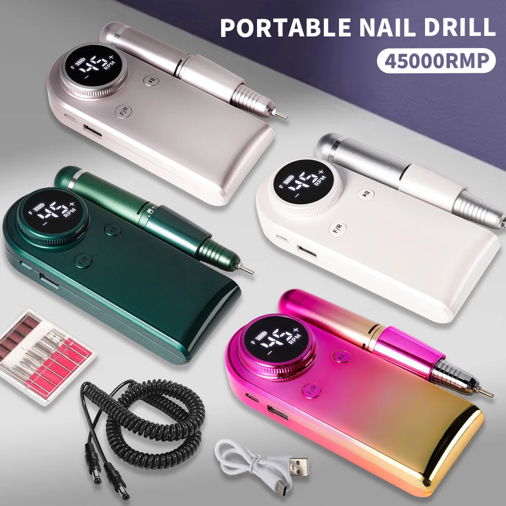 Profissional recarregável elétrica Nail Drill, portátil Cordless Nail File Machine, Gel Nails Remover Pedicure Polimento, 45000RPM