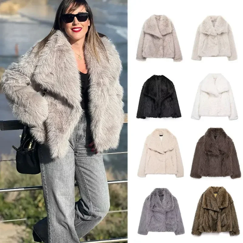 Damesmode namaakbontjas Retro pluche revers effen kleur jas met lange mouwen Herfst en winter Dames elegant warm streetwear