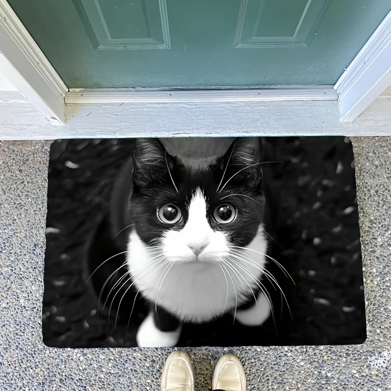 

Cute Black White Kitten Welcome Mat Soft Non Slip Washable Polyester Entrance Rug for Living Room Bedroom Porch Decor