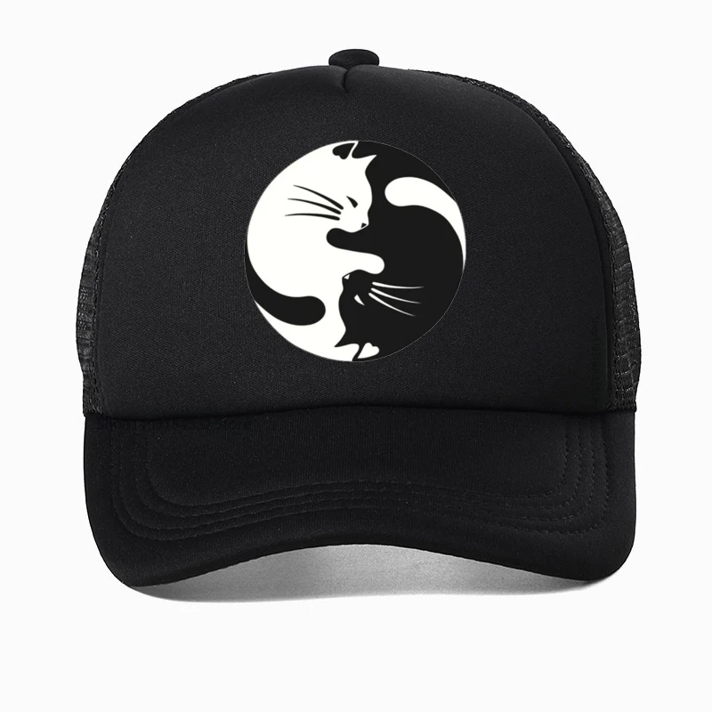 

Hugging Yin Yang Cat women hat Black White Two Cats cartoon print Baseball Cap Yin yang Badges Cat Hip hop hats Kitty