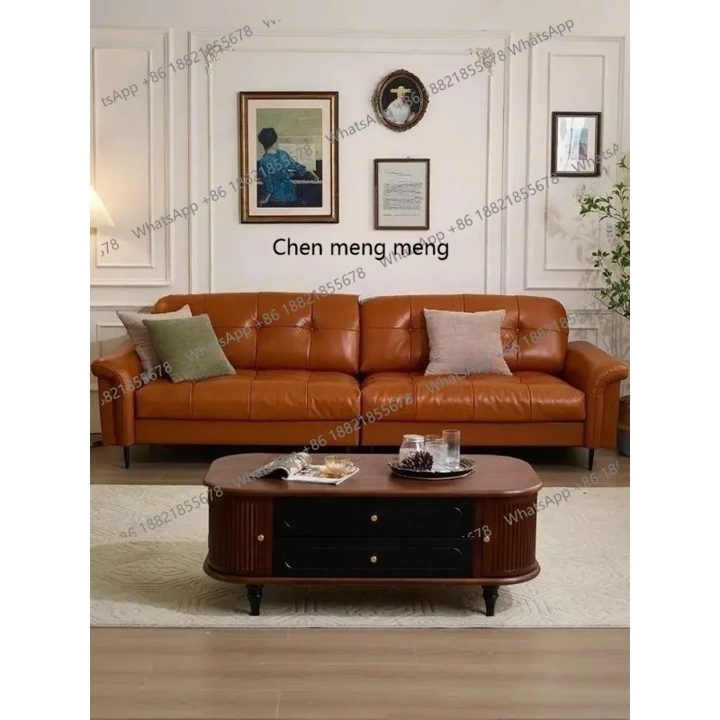 

Leather living room light luxury black sofa first layer cowhide straight row antique sofa