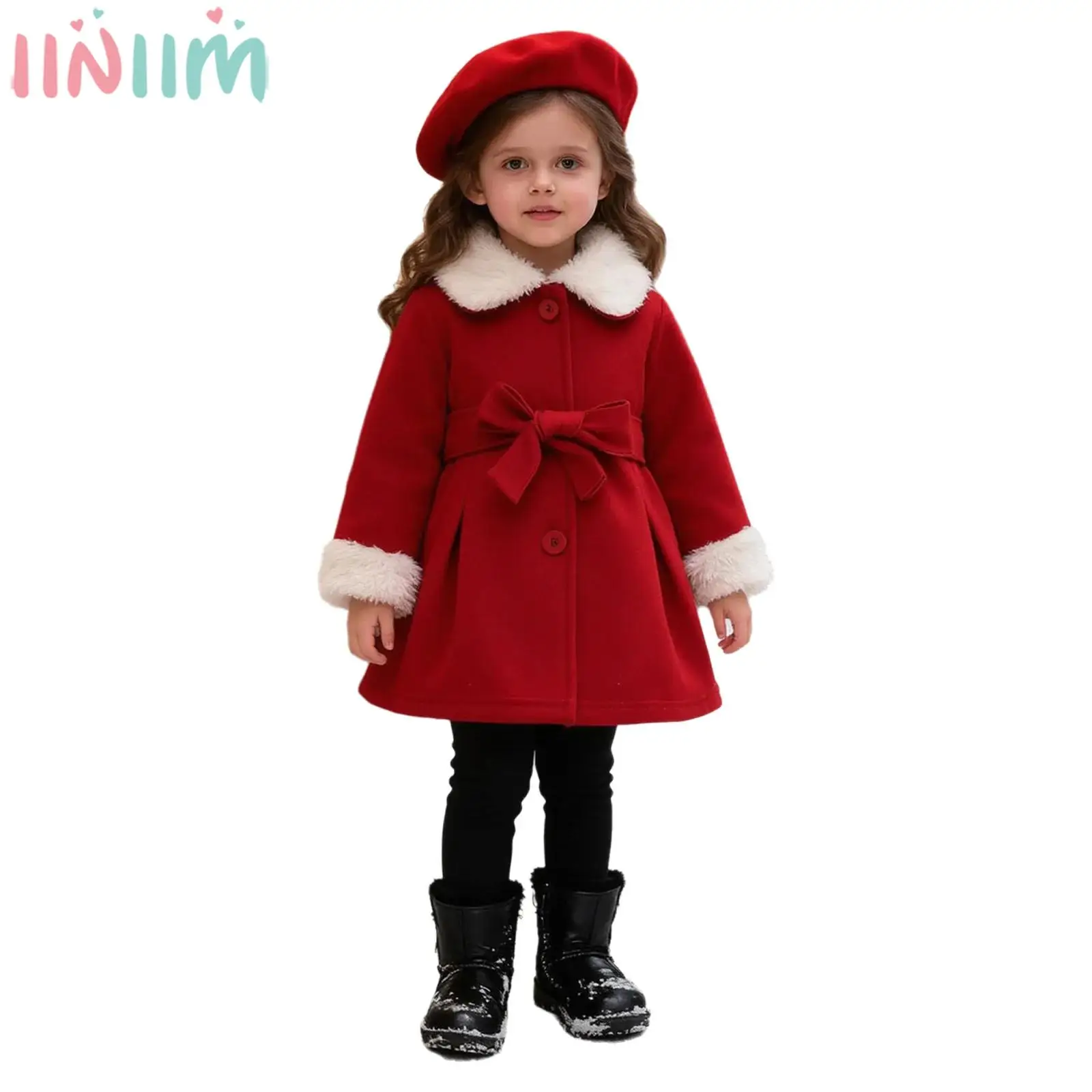

Toddler Baby Girls Christmas Costume Furry Collar Long Sleeve Button Warm Coat with Belt Hat for New Year Holiday Birthday Party