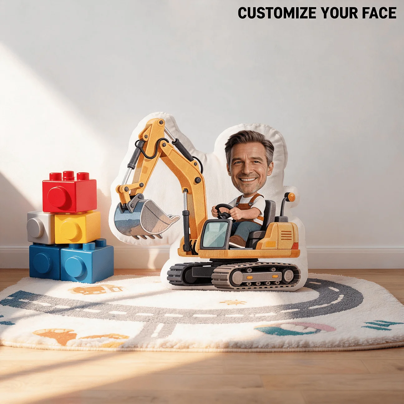 Custom Photo Excavator Shaped Pillow, Personalized Face Decorative Cushion, 60CM Large Size Accent Pillow for Sofa And Bedroom,