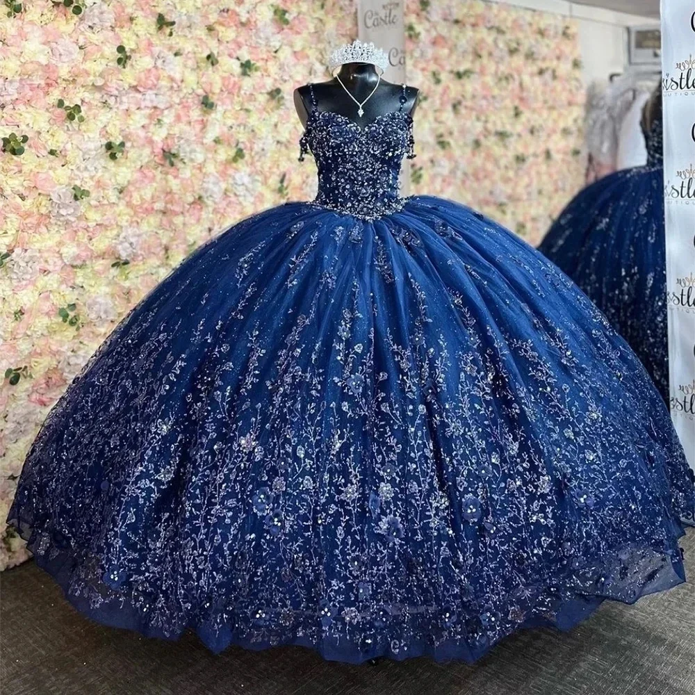 Angelsbridep Messico Blu Navy Scuro Abiti Quinceanera 3D Applique Pizzo Festa di Compleanno Abiti da ballo Abiti da 15 Anos Personalizzato