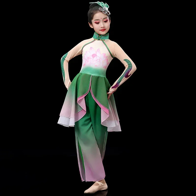 Costumi cinesi classici per bambini Costumi di danza Yangko Ombrello Fan Dance Lotus Bloom Festival Esegui abiti da pratica