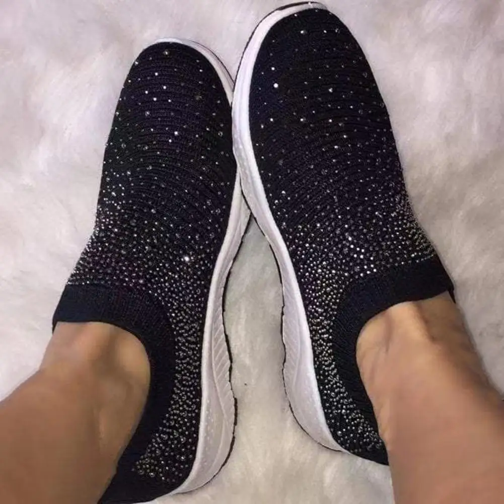 Women\'s Glitter Sneakers Slip-on EVA Elastic Topline Mesh Fashion Bling Sports Shoes Running Shoes for Gym