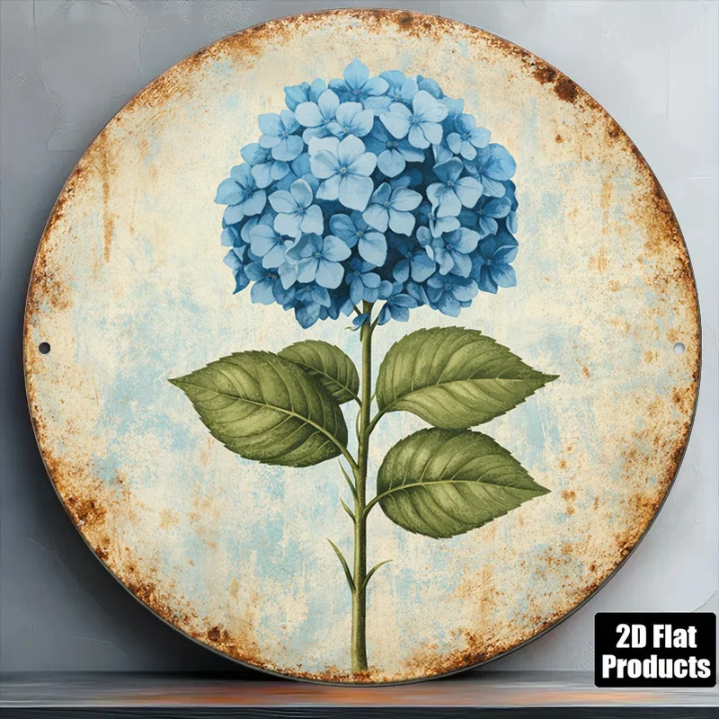 2D Flat - 1pc 8*8In/20X20Cm 2D Flat Round Aluminum Sign, Vintage Aluminum Plaque with Blue Hydrangea, Pastoral Style Floral Deco