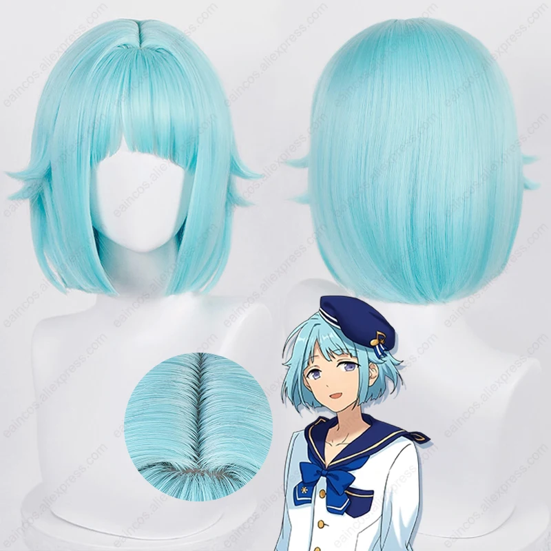 ES Shino Hajime Cosplay Wig 35cm Ice Blue Short Simulated Scalp Wigs Heat Resistant Synthetic Hair