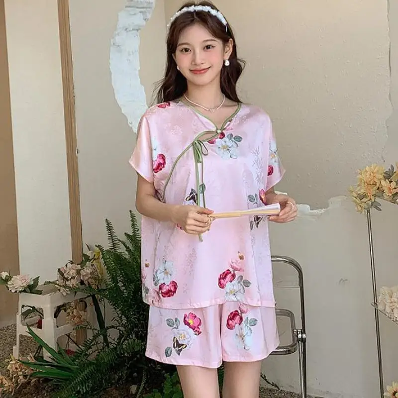 

Chimese Style Women Pajamas Two Piece Set Print Short Sleeve Sleepwear Elastic Pijamas Suit Satin Nightsuits Lingerie Home Wear