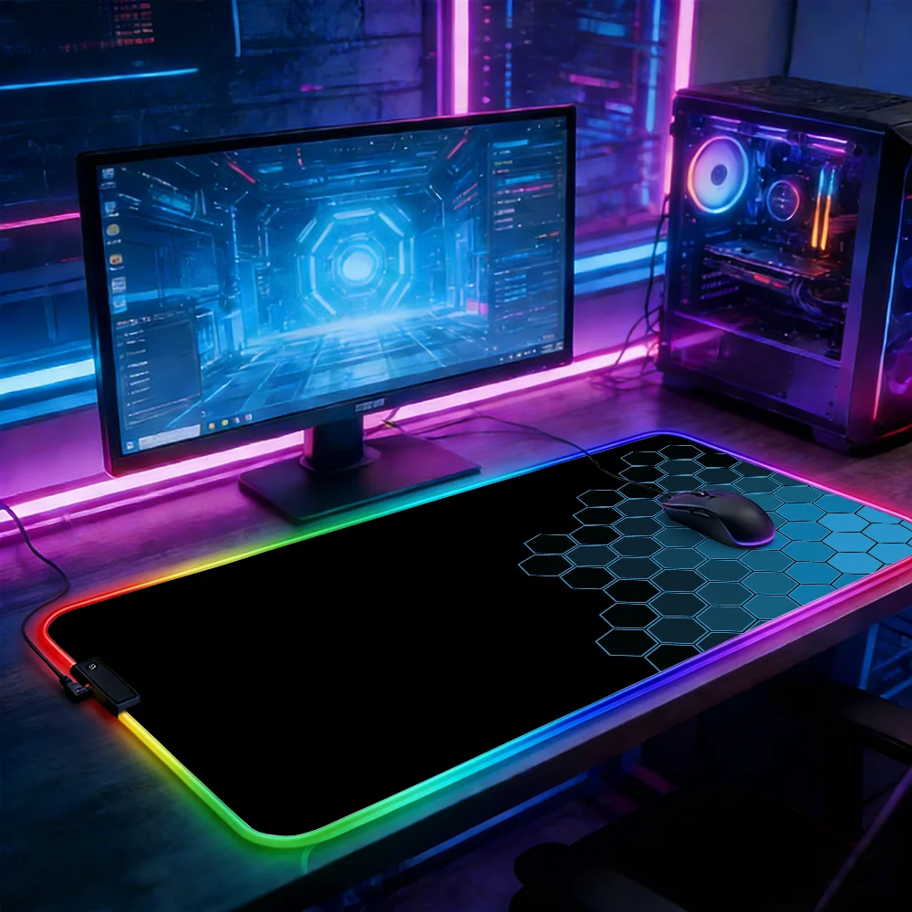 LED Lighting RGB Mouse Pad E-sports Game Keyboard Pad Table Mats Geometric Hexagons Laptop Accessories Mousepad Gamer Deskmat