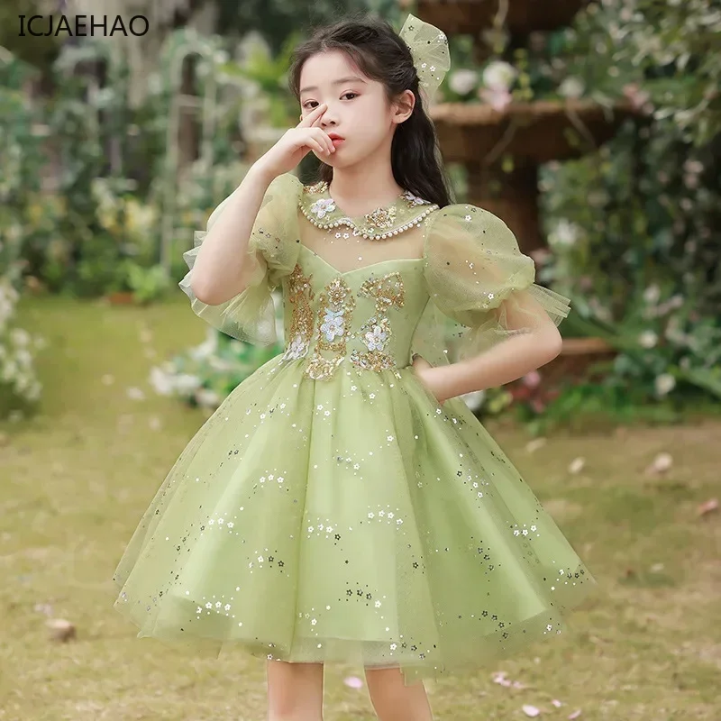 2025 Evening Dress for Girls Matching Sequins Appliques Party Clothes Tulle Princess Wedding Ball Gown Children Prom Vestidos