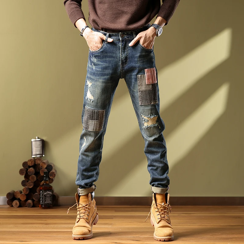 

High-End Retro Patchwork Embroidered Hole Denim Jeans Men's Autumn Winter Trendy Slim Fit Casual Long Pants Elastic