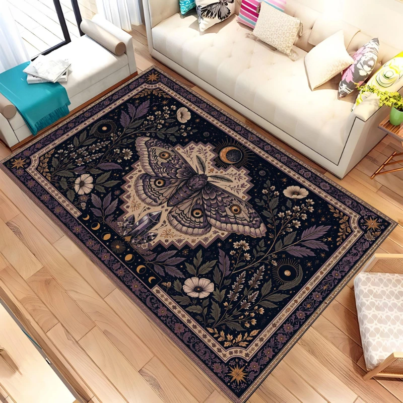 Dark Vintage Moth Floral Moon print Rug,living room sofa rug,study room,dining area Entry Door Mat,Washable Rug,Gift