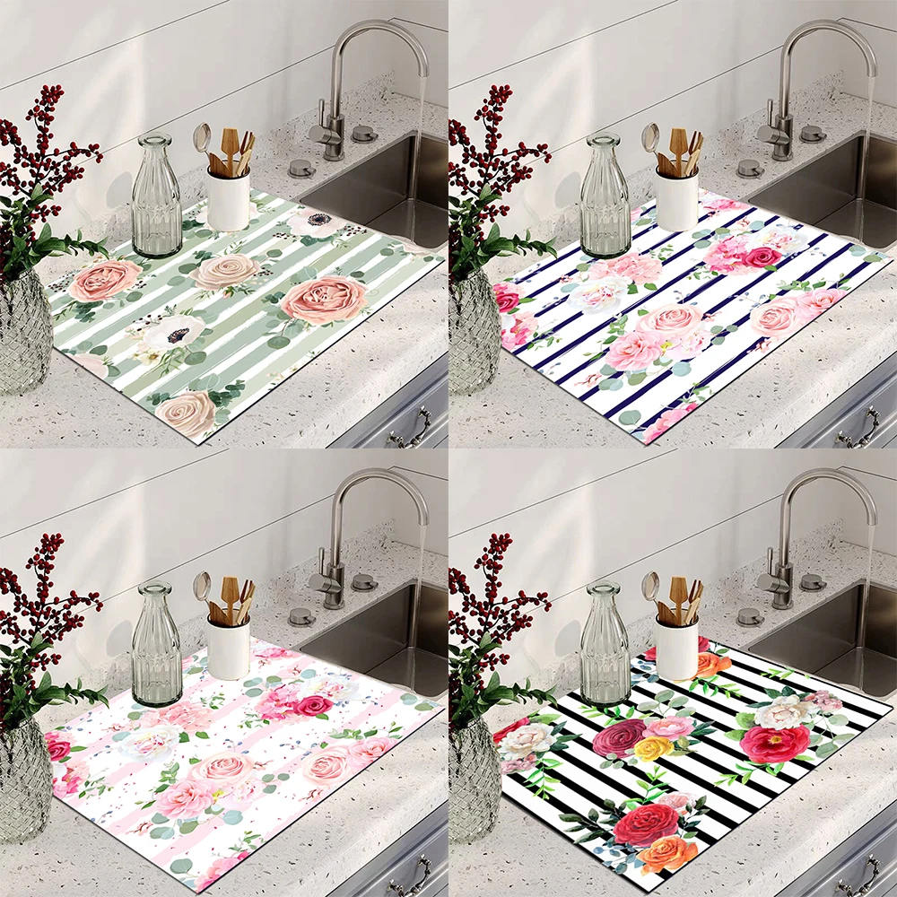 Schnell trocknende Abtropfmatte, Blumen-Gummi-Geschirr, Abtropfpads, Teppich, Küche, Geschirr, Tischset, super saugfähiges Kaffee-Abtropfpad