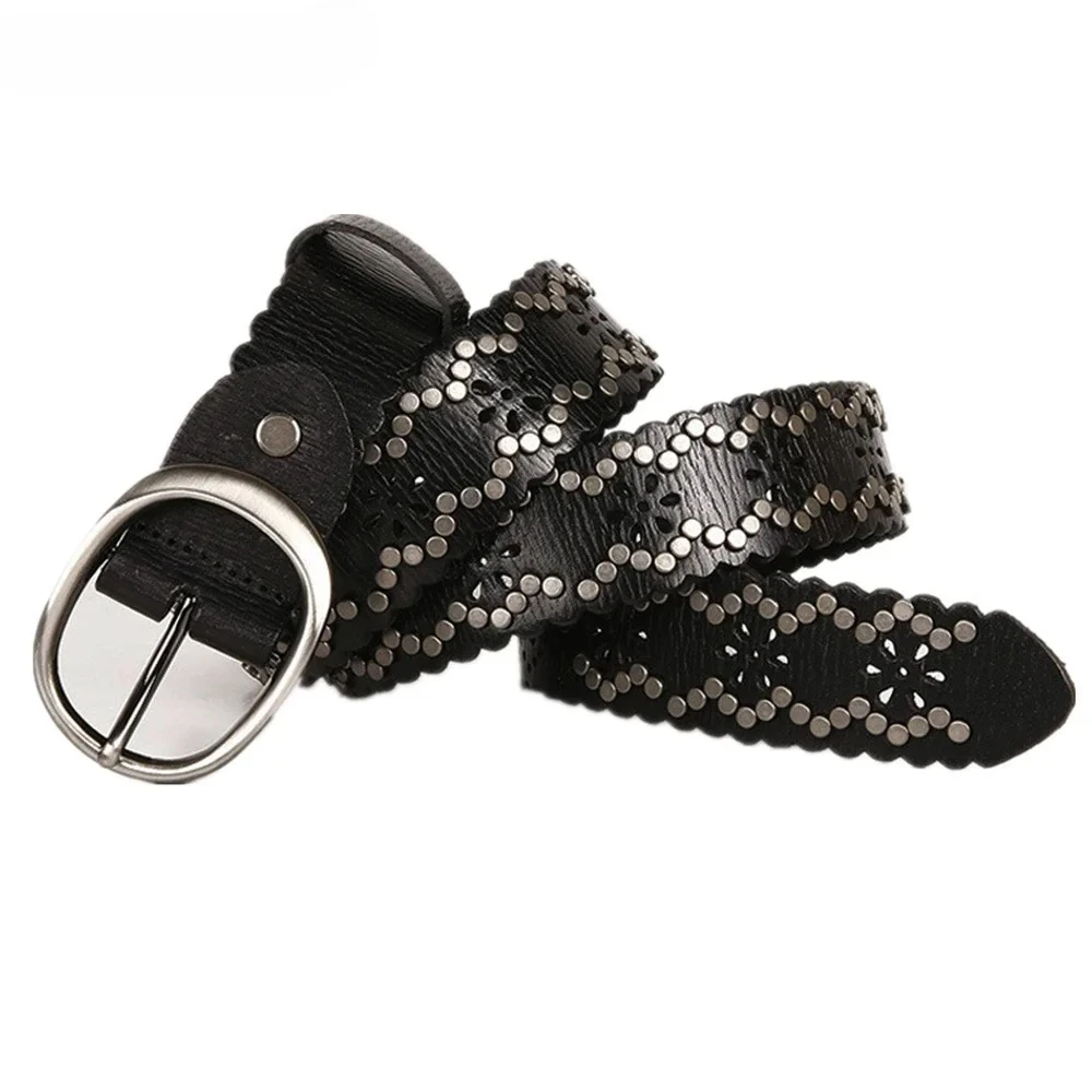 

Black Cowskin Women Belt Rivet Pin Buckle Punk Rock Genuine Leather Metal Coffee Hip Hop Ladies Hollow Out Holes Waist Belts