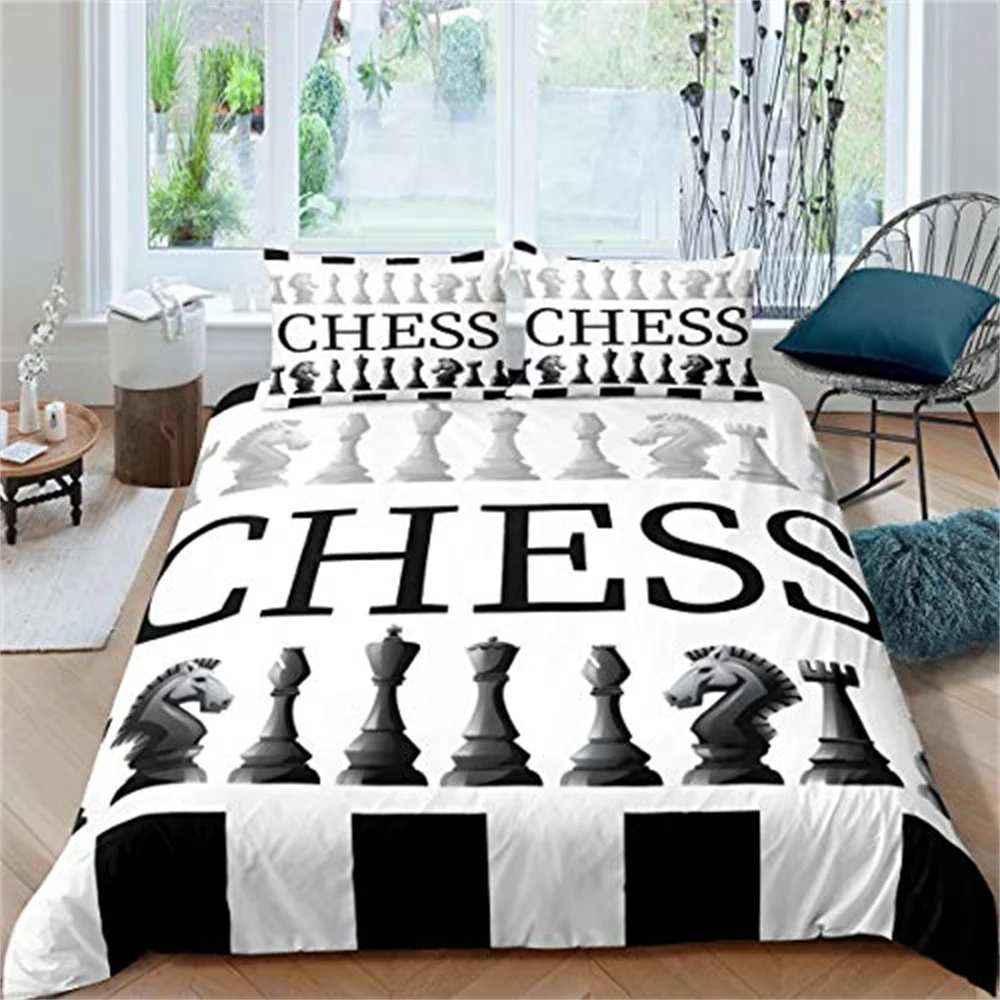 International Chess Duvet Cover Set Black White Lattice Checkerboard Comforter Cover Competition Game for Kids Teens Bedding Set