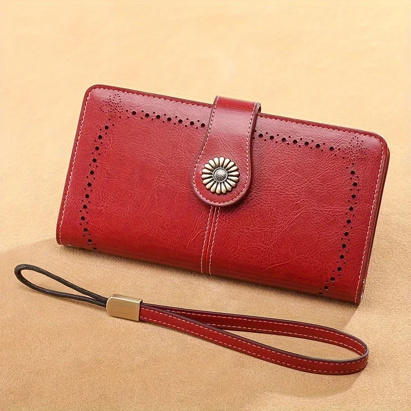 Carteira longa elegante feminina com alça de pulso removível, couro esculpido oco, porta-cartões de bloqueio multifuncional, lar