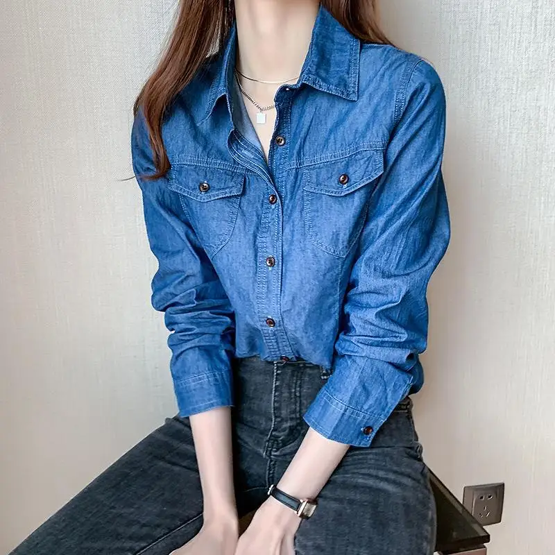 Casual Temperament Long Sleeves Denim Shirt for Women's Spring Autumn New Korean Version Jacket Loose Slimming Trendy Female Top