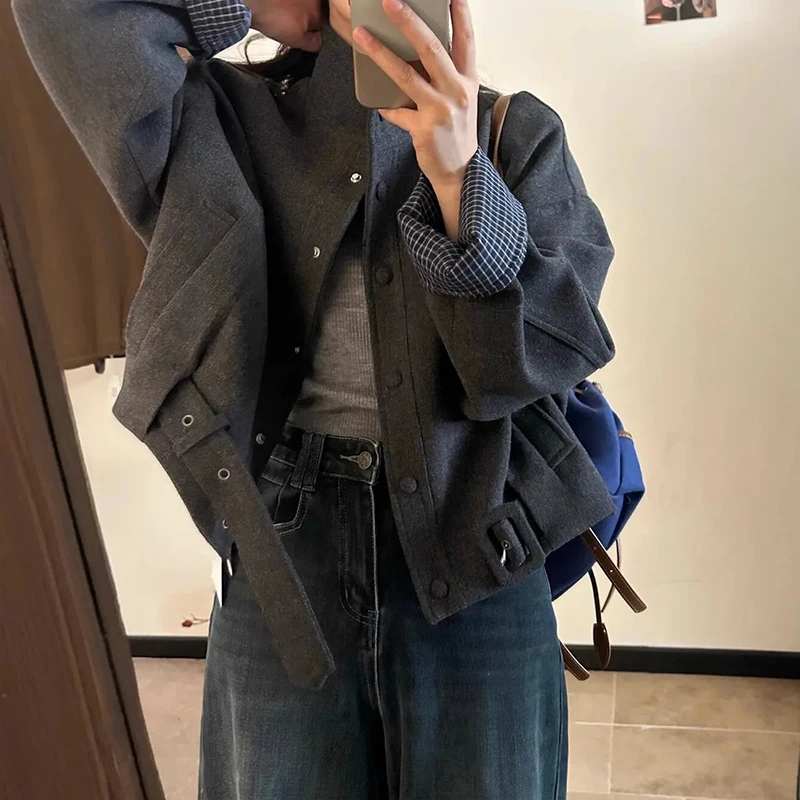 

Plaid Patchwork Button Jacket Women Long Sleeve Stand Collar Vintage Coats Autumn Winter Casual Preppy Retro Baggy Outwear New