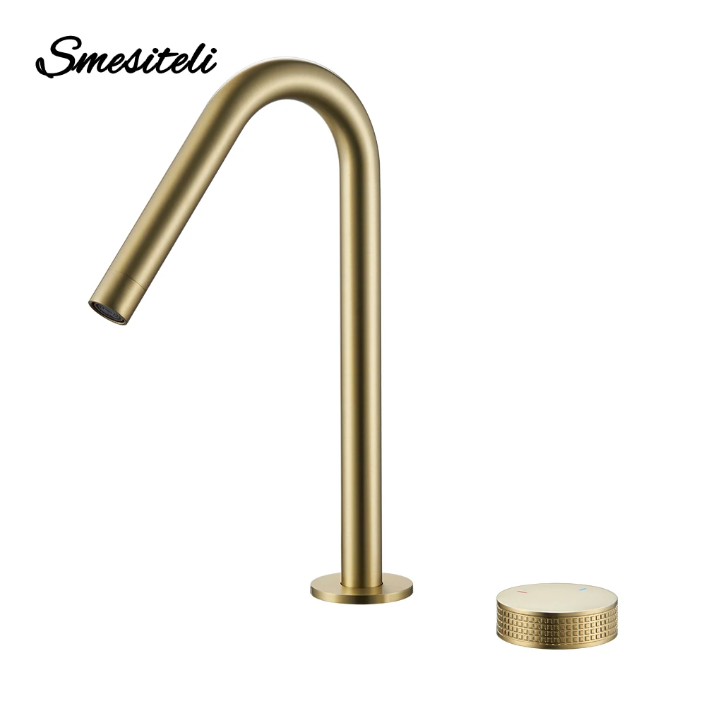 Brushed Gold Basin faucet Hot And Cold Sink Tap 360 Rotating Spout  Deck Mounted  Bathroom Widerspread Knurled Switch Mixer