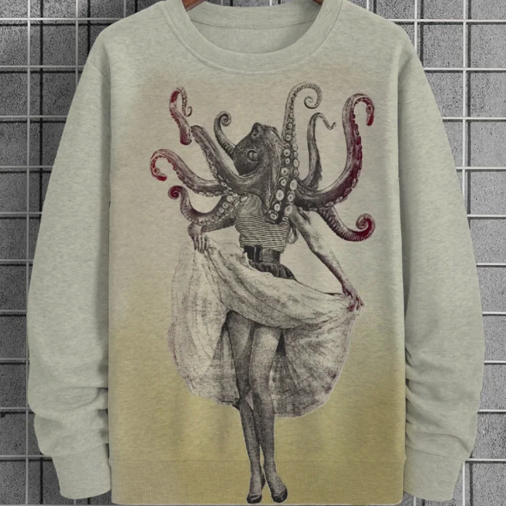 Vintage Mens Hoodies Spring/Autumn Clothing Octopus Pattern Clothing Oversized Long Sleeve Tops Mens Streetwear Sweatshirts