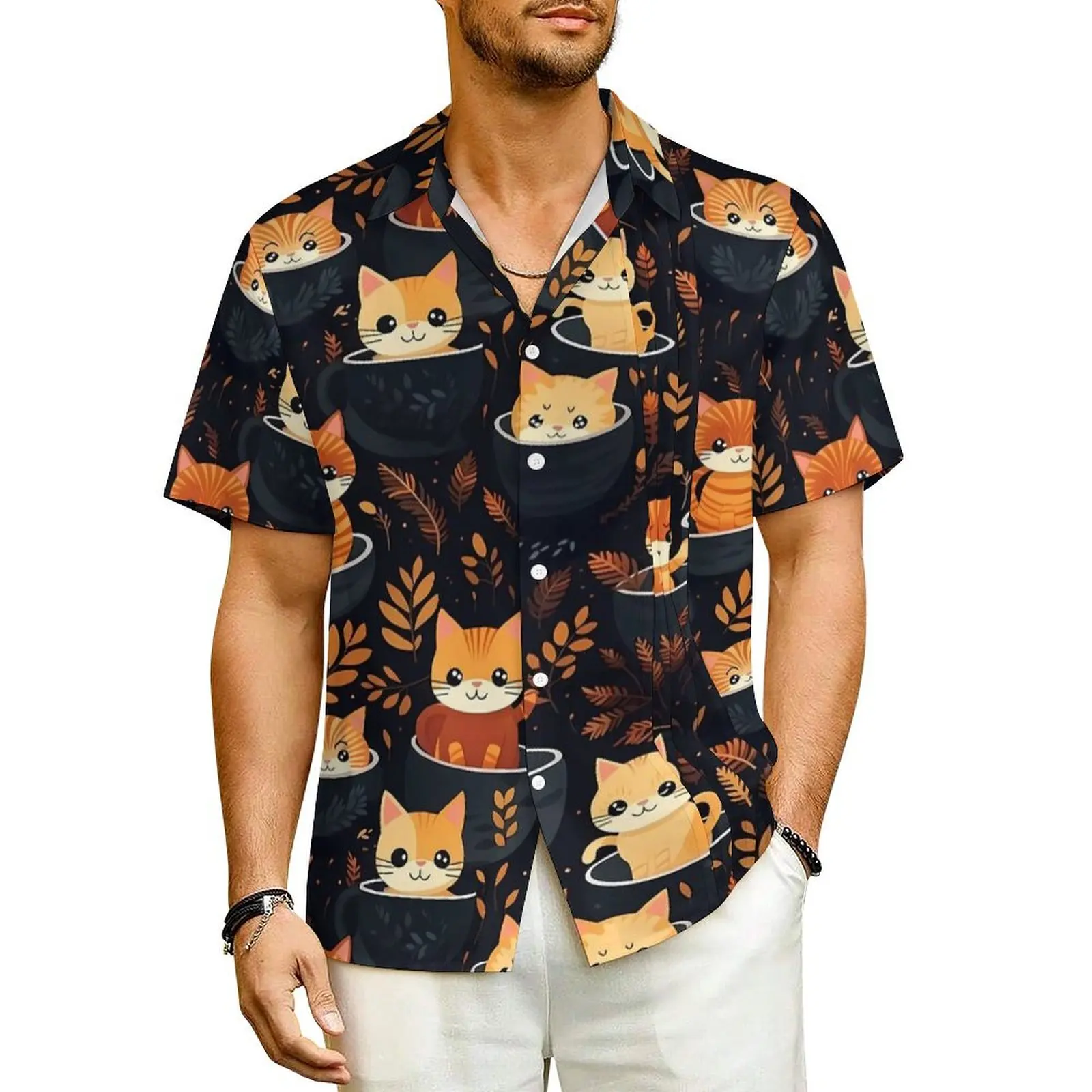 

Cartoon Magic Cats Casual Shirt Mugs in Delight Classic Hawaiian Shirts Man Short-Sleeved Beach Y2K Funny Oversized Blouses