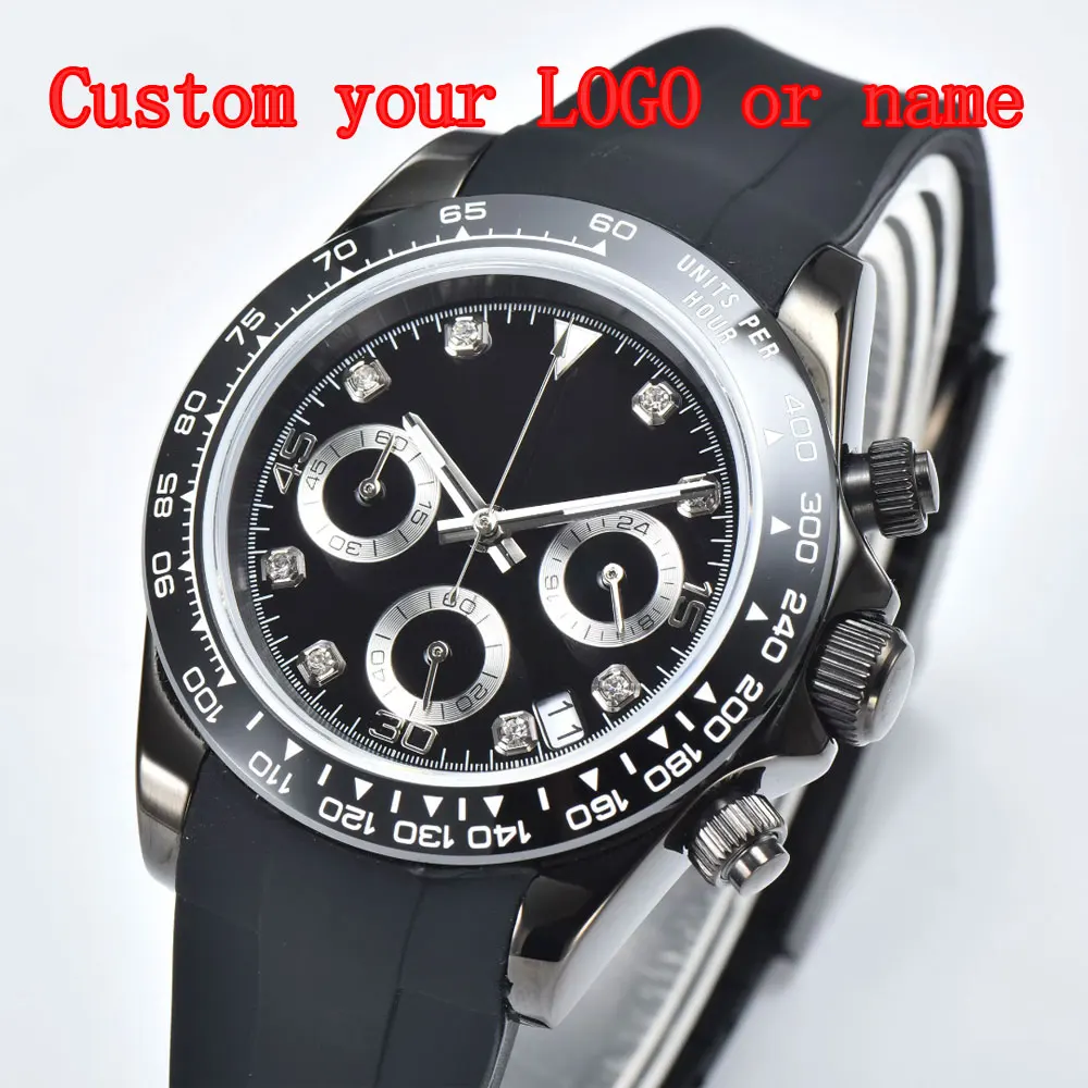 Reloj cronógrafo personalizado para hombre con caja negra/dorada PVD de 40mm, esfera estéril, pulsera de acero con cristal de zafiro, reloj deportivo de cuarzo para hombre
