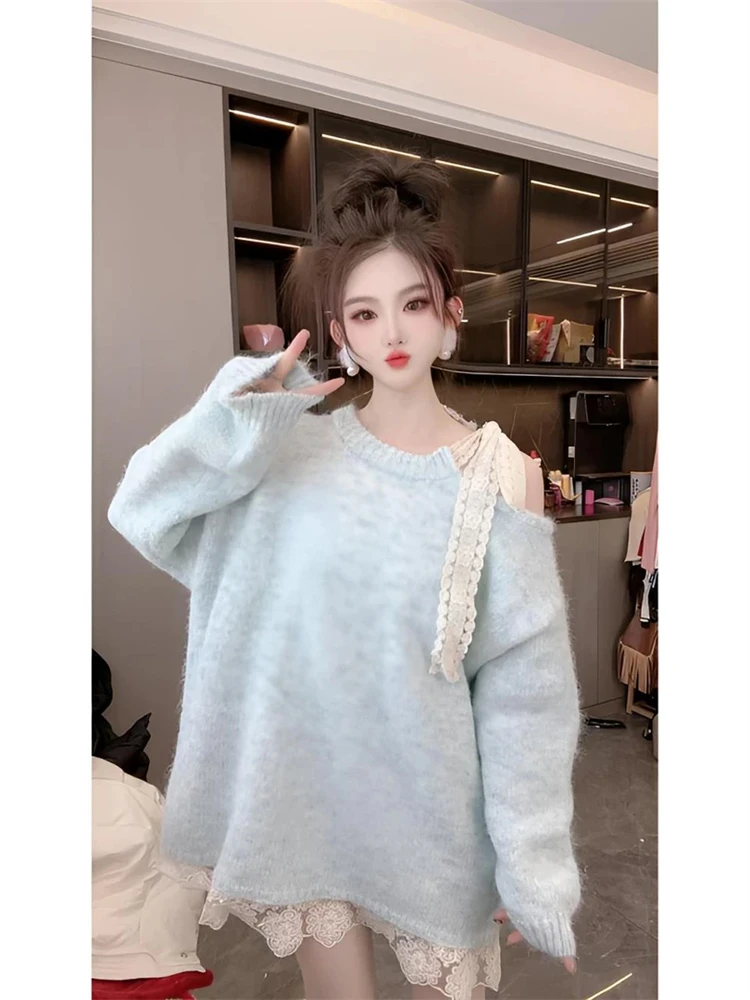 

Синий вязаный женский свитер с поясом и поясом, новинка весны, уникальная милая верхняя одежда, удобная средняя корейская версия...