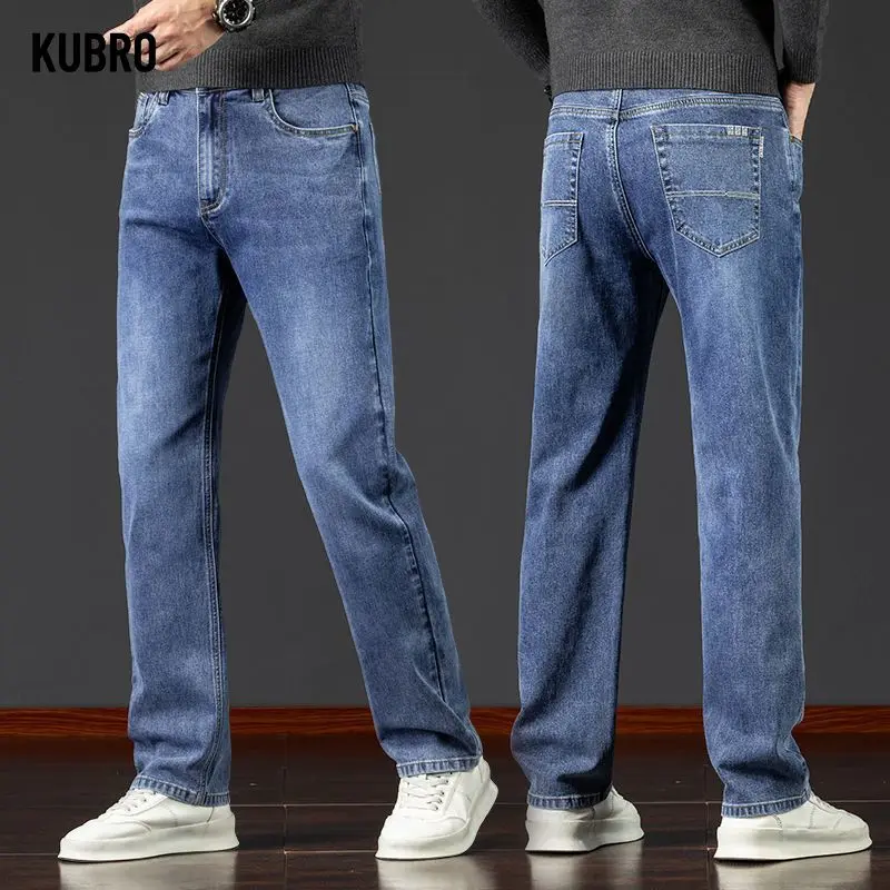 

Деловые повседневные джинсы, осенне-зимние мужские мешковатые прямые джинсы, эластичные джинсовые брюки, классические ковбойские универсальные брюки, большой размер