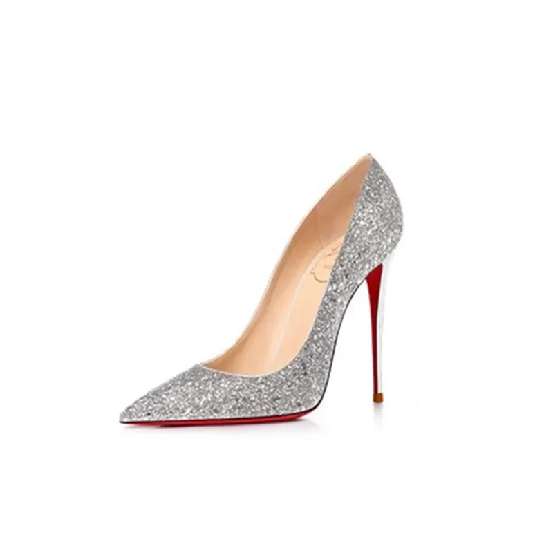 HLTINO Women Spring Summer Shoes Elegant Silver Highheels Red Bottom Pumps Pointed Toe Genuine Leather